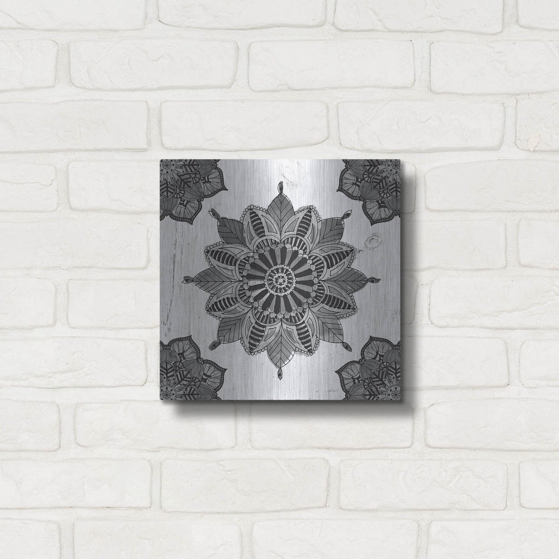 Luxe Metal Art 'Mandala Morning VI Black and White' by Anne Tavoletti, Metal Wall Art,12x12