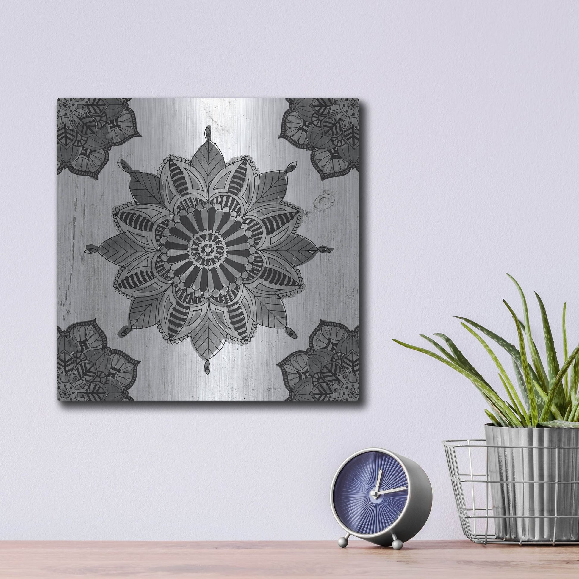 Luxe Metal Art 'Mandala Morning VI Black and White' by Anne Tavoletti, Metal Wall Art,12x12