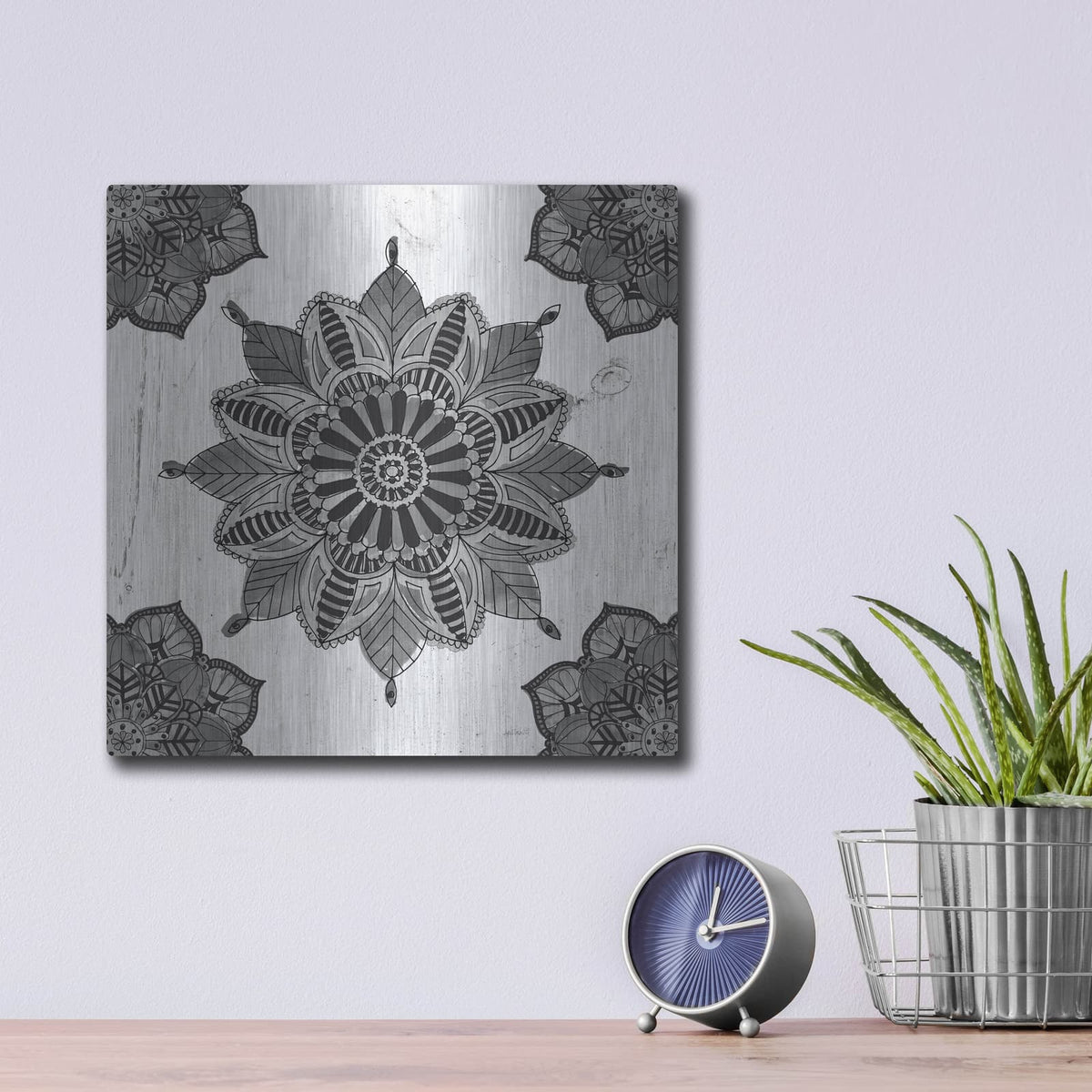 'Mandala Morning VI Black and White' by Anne Tavoletti – Metal Wall Art, 12x12 room view