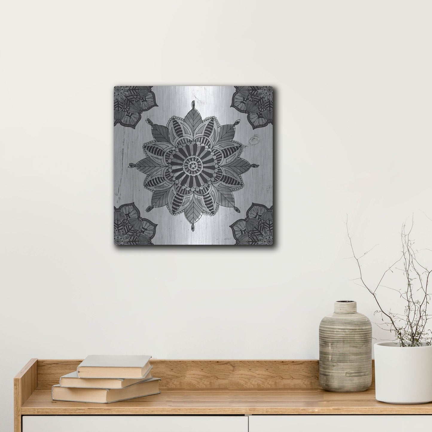 Luxe Metal Art 'Mandala Morning VI Black and White' by Anne Tavoletti, Metal Wall Art,12x12