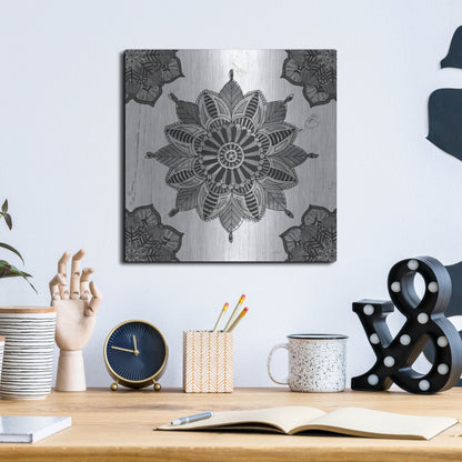 Luxe Metal Art 'Mandala Morning VI Black and White' by Anne Tavoletti, Metal Wall Art,12x12