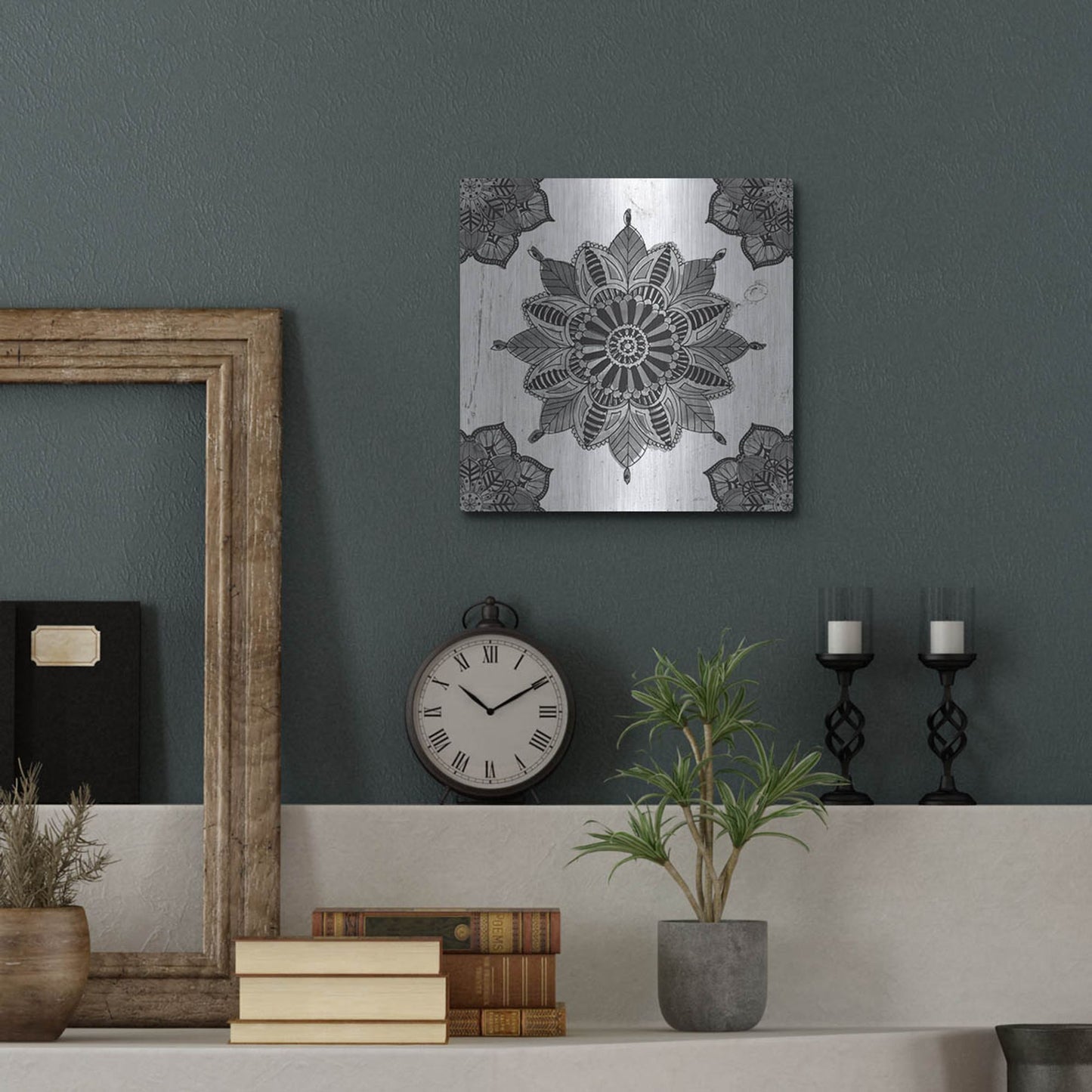Luxe Metal Art 'Mandala Morning VI Black and White' by Anne Tavoletti, Metal Wall Art,12x12