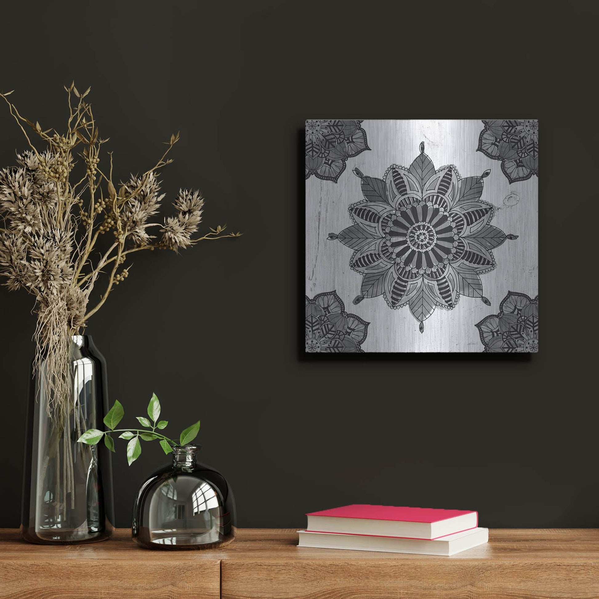 Luxe Metal Art 'Mandala Morning VI Black and White' by Anne Tavoletti, Metal Wall Art,12x12