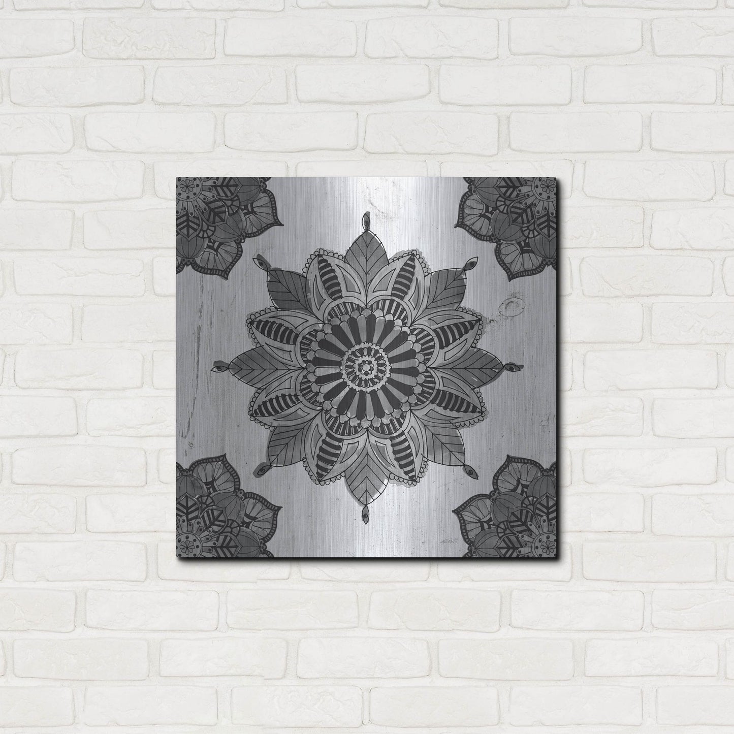 Luxe Metal Art 'Mandala Morning VI Black and White' by Anne Tavoletti, Metal Wall Art,24x24