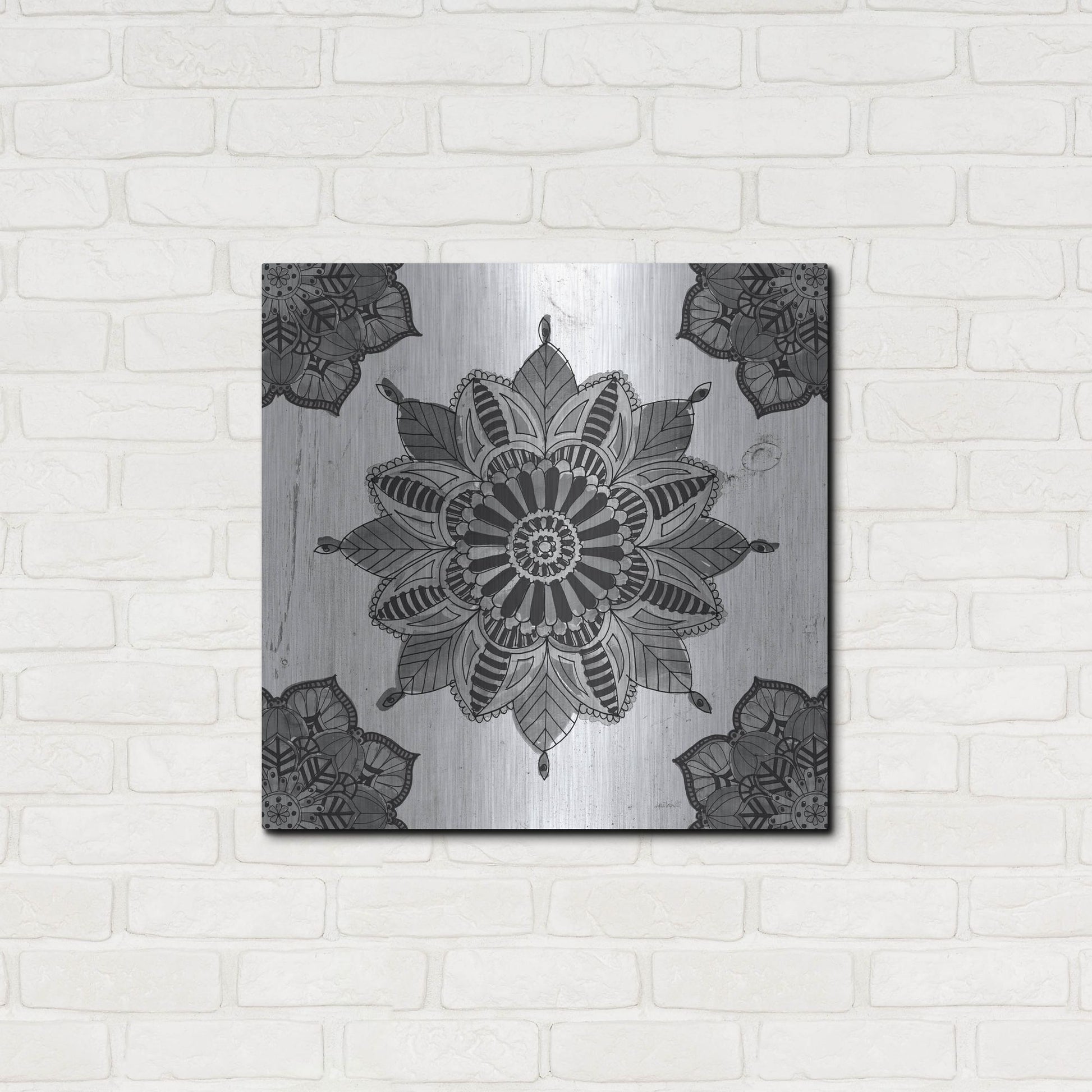 Luxe Metal Art 'Mandala Morning VI Black and White' by Anne Tavoletti, Metal Wall Art,24x24