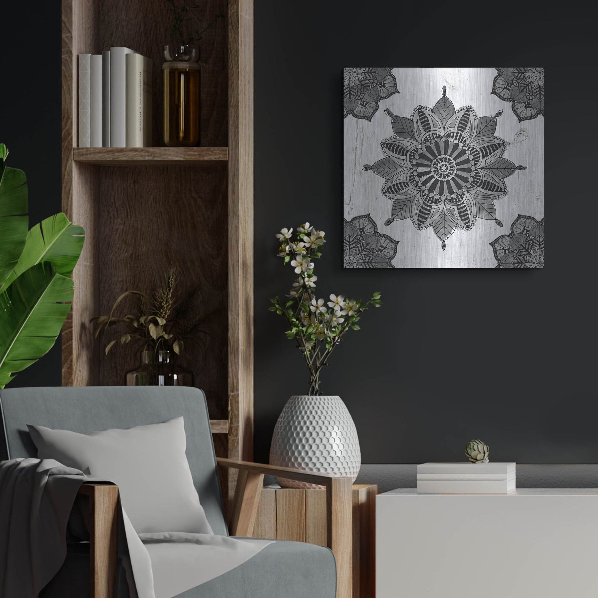 Luxe Metal Art 'Mandala Morning VI Black and White' by Anne Tavoletti, Metal Wall Art,24x24