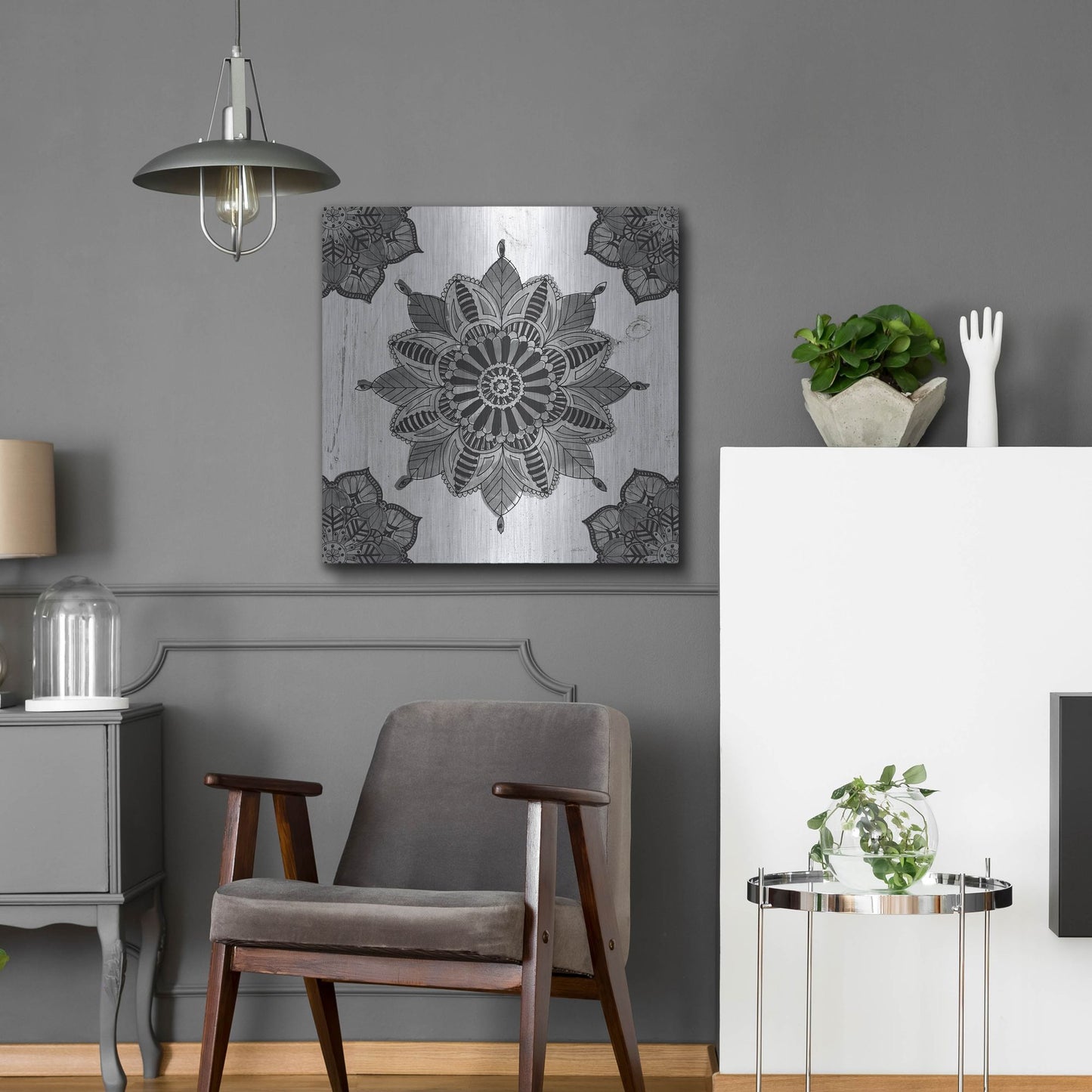 Luxe Metal Art 'Mandala Morning VI Black and White' by Anne Tavoletti, Metal Wall Art,24x24