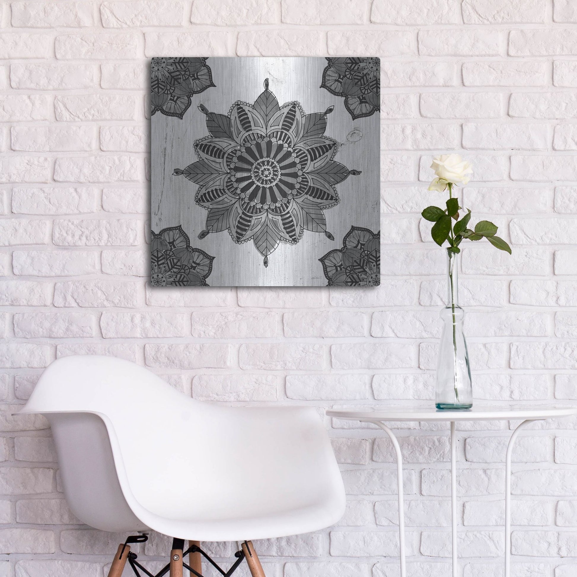 Luxe Metal Art 'Mandala Morning VI Black and White' by Anne Tavoletti, Metal Wall Art,24x24