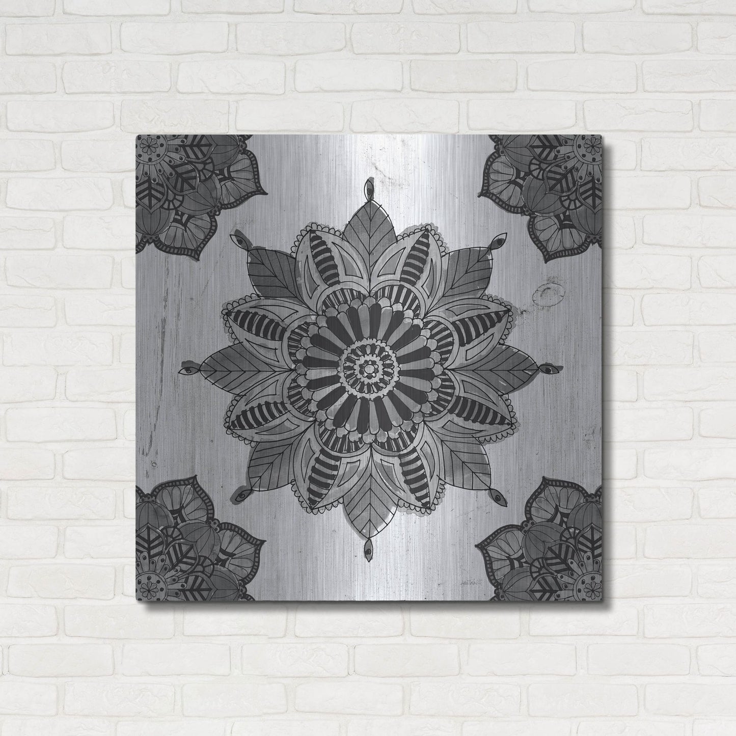 Luxe Metal Art 'Mandala Morning VI Black and White' by Anne Tavoletti, Metal Wall Art,36x36