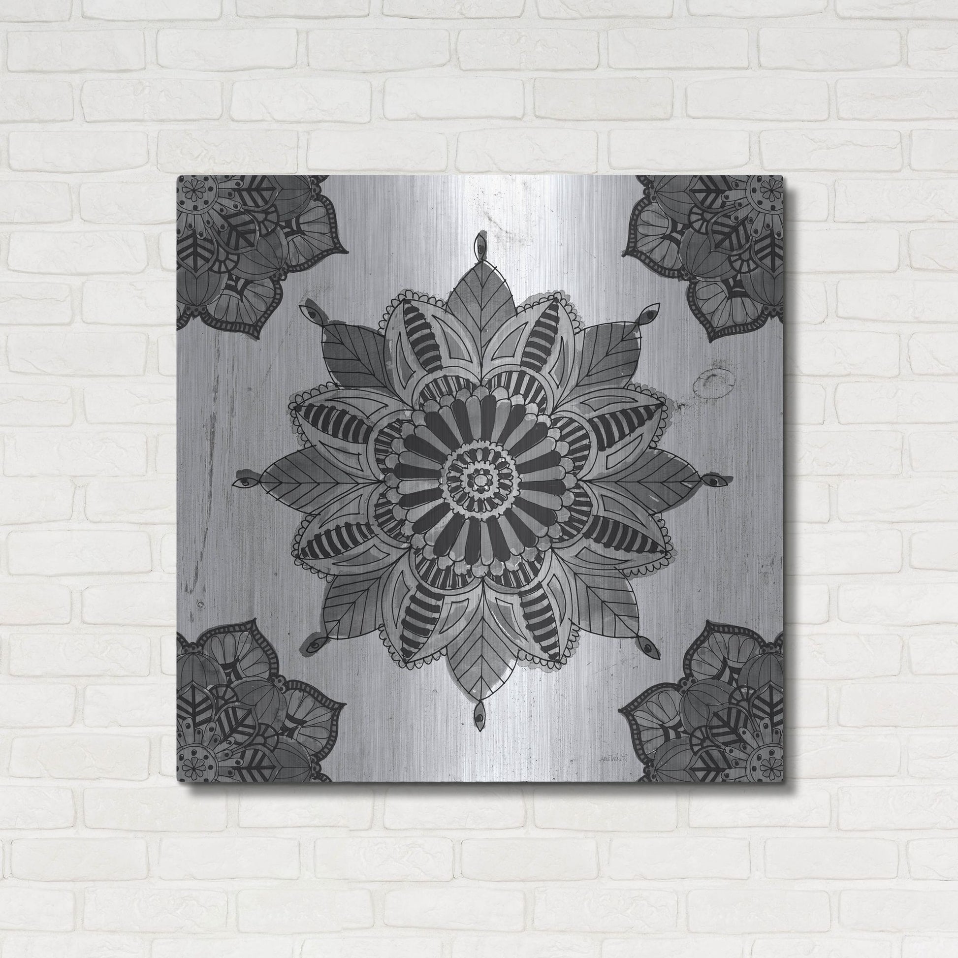 Luxe Metal Art 'Mandala Morning VI Black and White' by Anne Tavoletti, Metal Wall Art,36x36