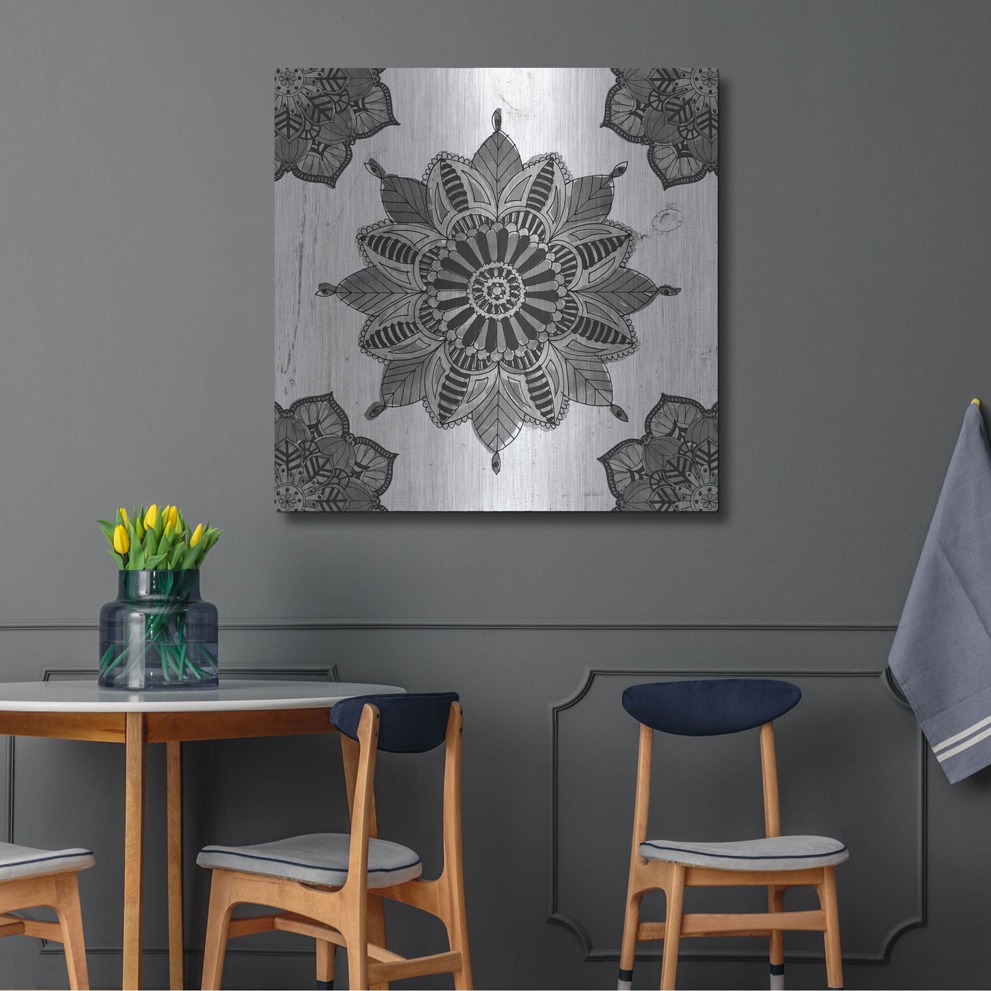 Luxe Metal Art 'Mandala Morning VI Black and White' by Anne Tavoletti, Metal Wall Art,36x36