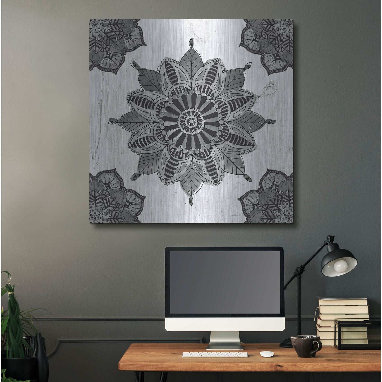 Luxe Metal Art 'Mandala Morning VI Black and White' by Anne Tavoletti, Metal Wall Art,36x36