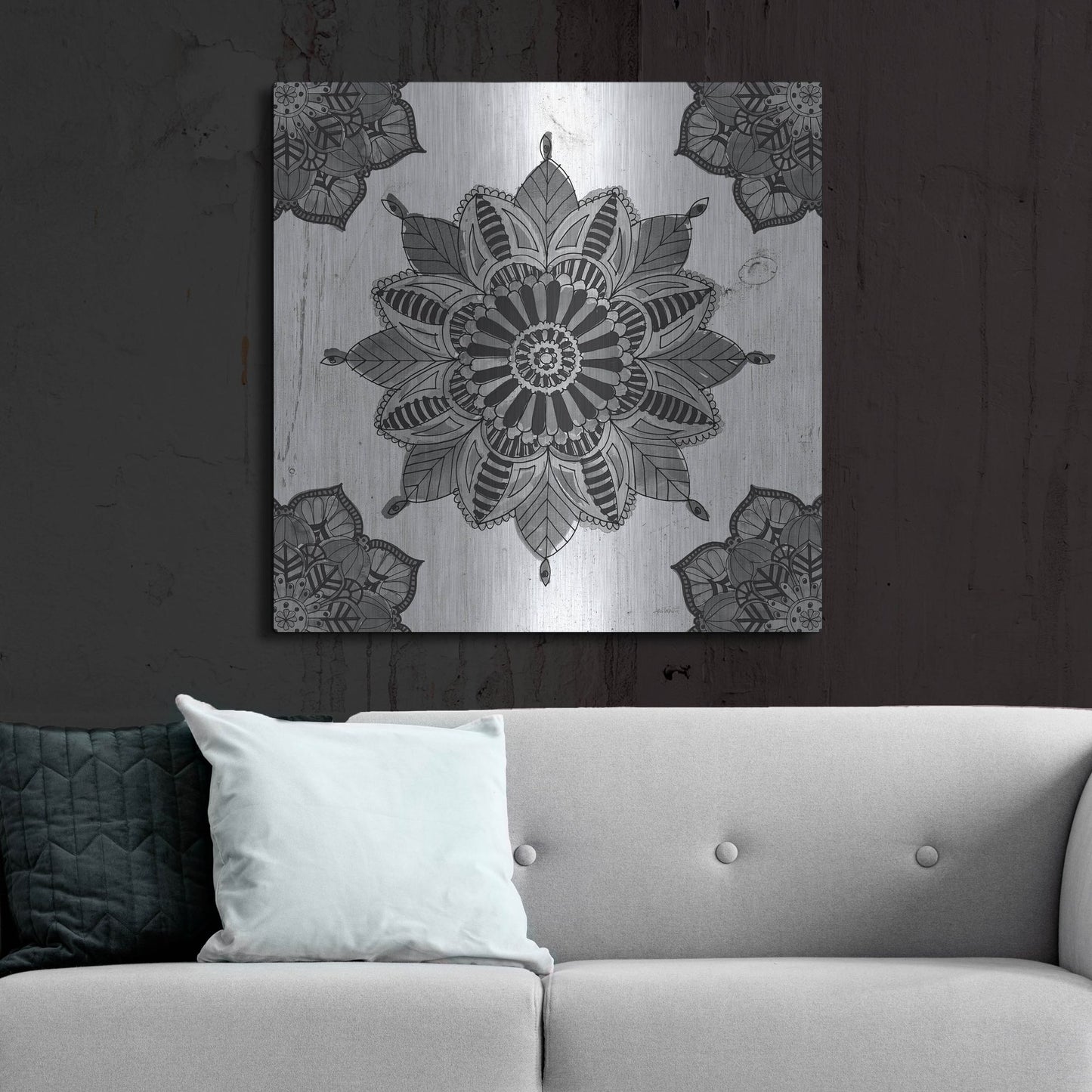 Luxe Metal Art 'Mandala Morning VI Black and White' by Anne Tavoletti, Metal Wall Art,36x36