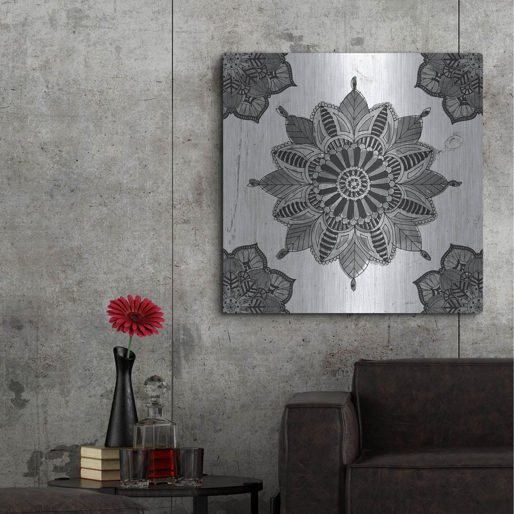 Luxe Metal Art 'Mandala Morning VI Black and White' by Anne Tavoletti, Metal Wall Art,36x36