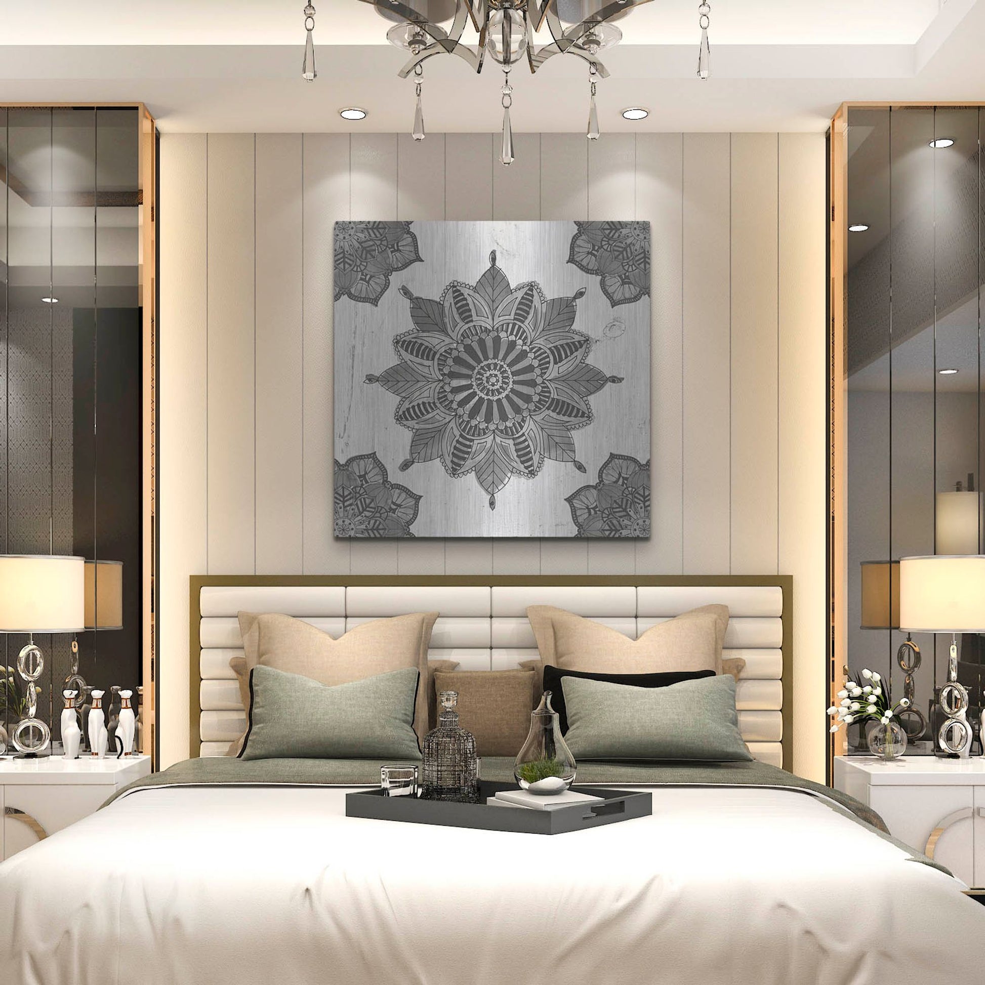Luxe Metal Art 'Mandala Morning VI Black and White' by Anne Tavoletti, Metal Wall Art,36x36