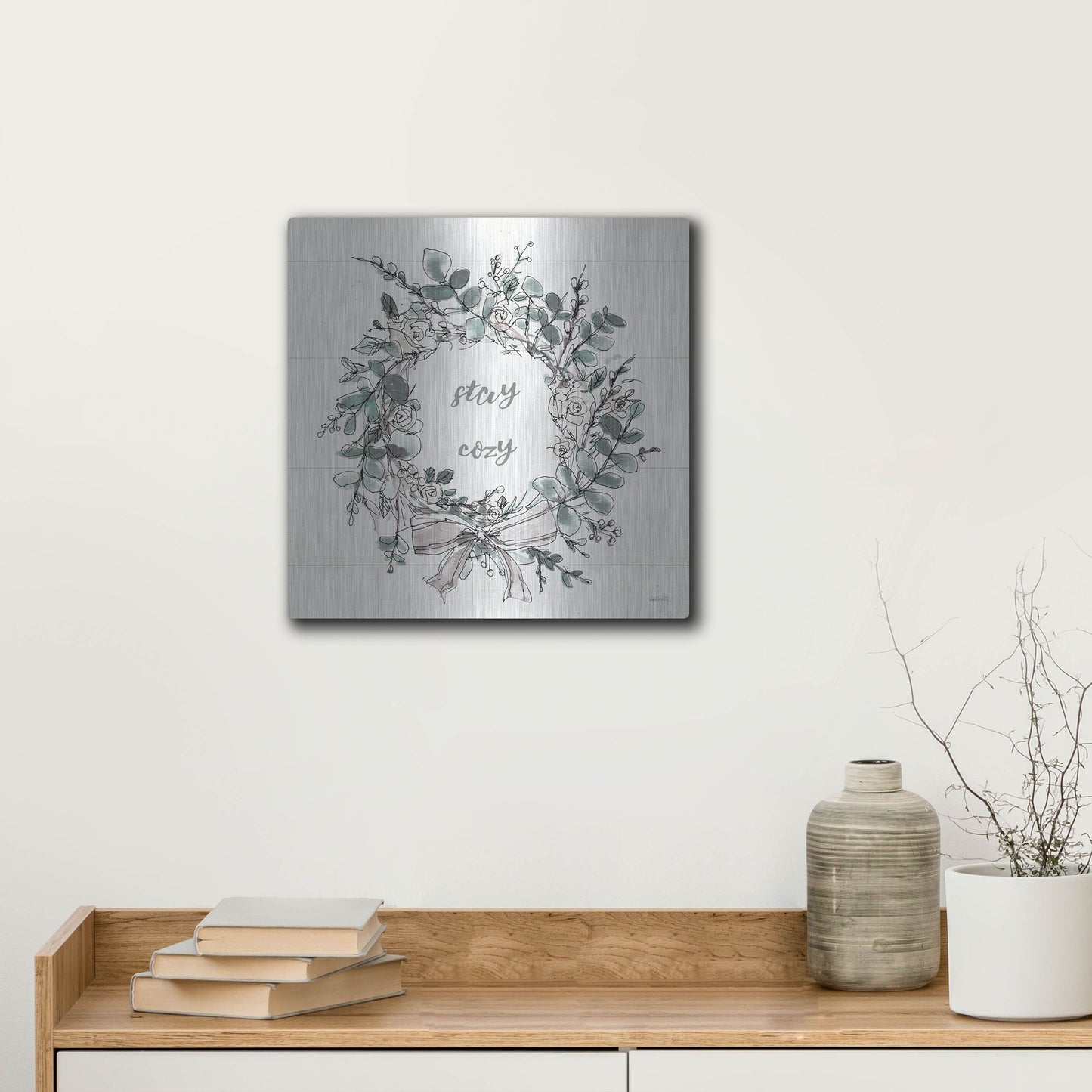 Luxe Metal Art 'Modern Farmhouse VII Stay Cozy' by Anne Tavoletti, Metal Wall Art,12x12