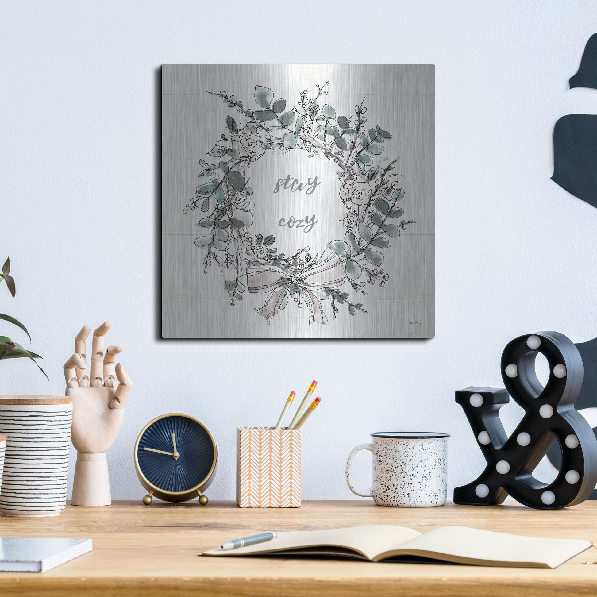 Luxe Metal Art 'Modern Farmhouse VII Stay Cozy' by Anne Tavoletti, Metal Wall Art,12x12