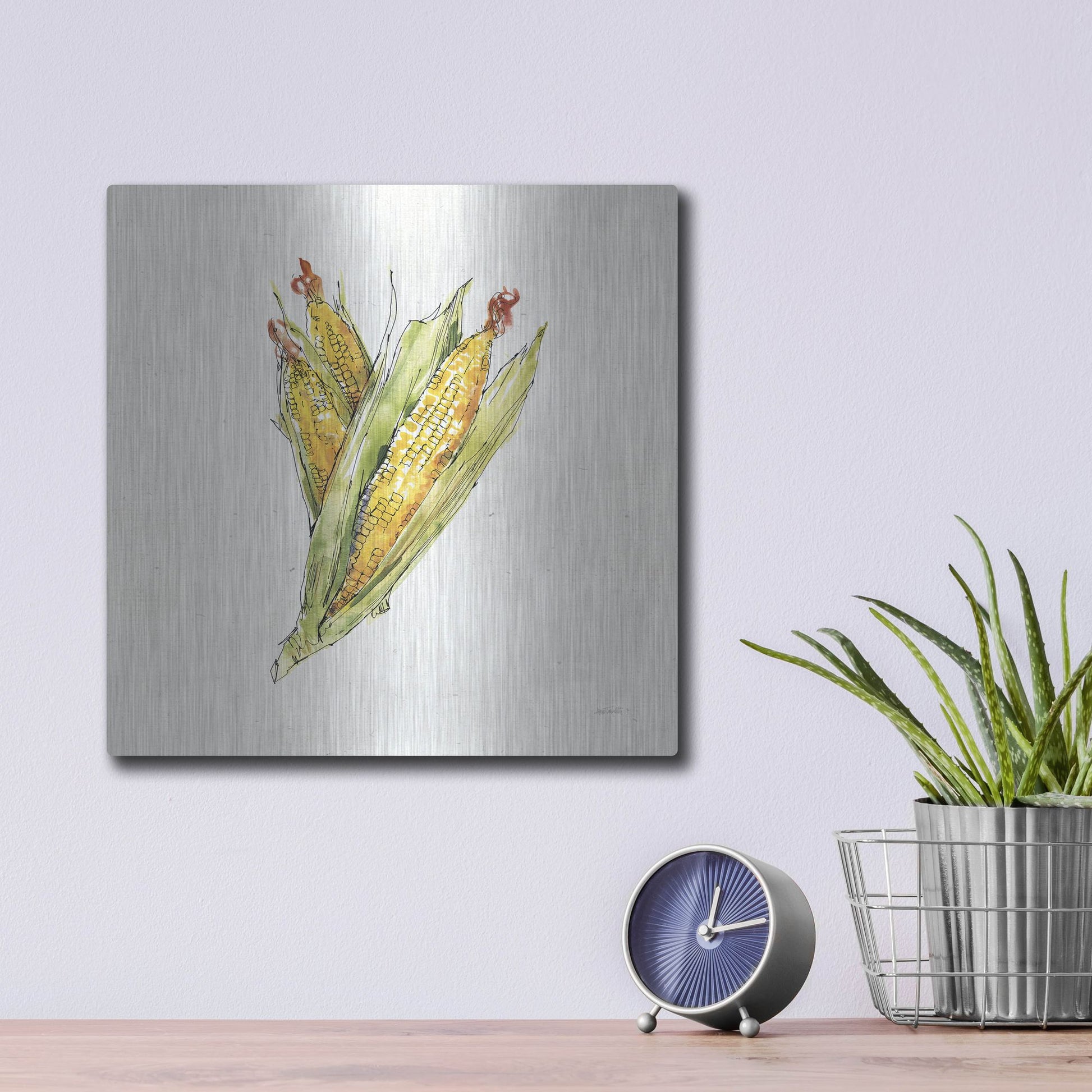 Luxe Metal Art 'Veggie Market III Corn' by Anne Tavoletti, Metal Wall Art,12x12
