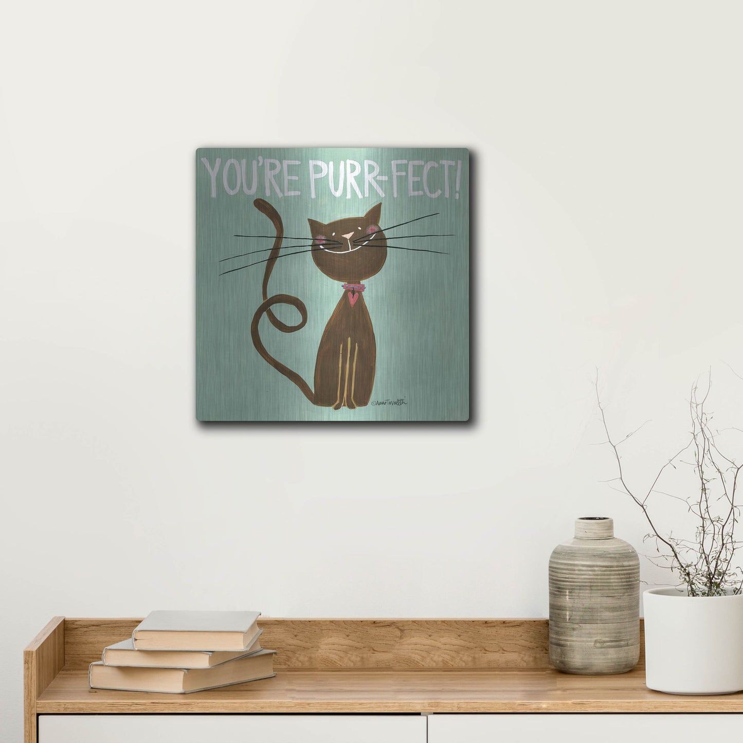 Luxe Metal Art 'Happy Cats Youre Purr-fect' by Anne Tavoletti, Metal Wall Art,12x12