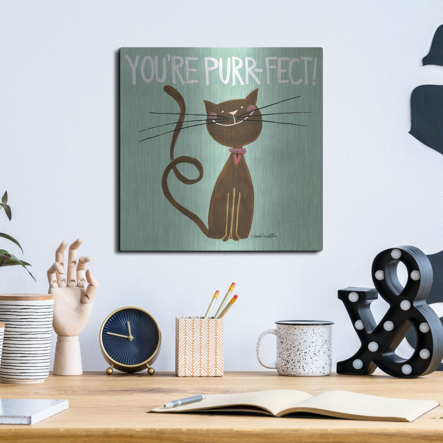 Luxe Metal Art 'Happy Cats Youre Purr-fect' by Anne Tavoletti, Metal Wall Art,12x12