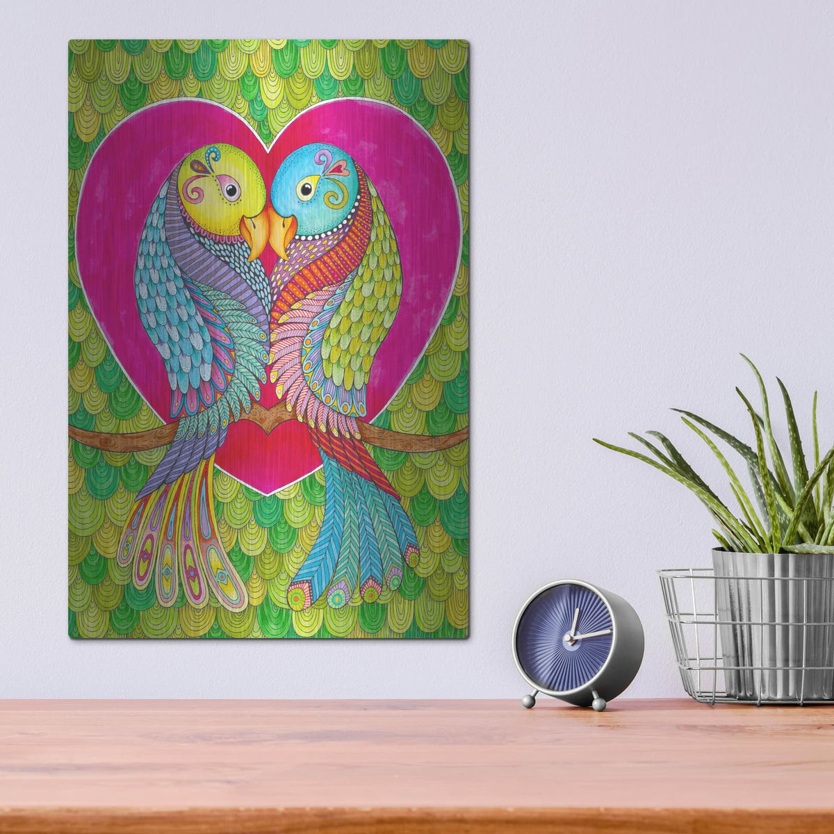 'Lovebirds In Colour' by Hello Angel – Metal Wall Art, 12x16 room view