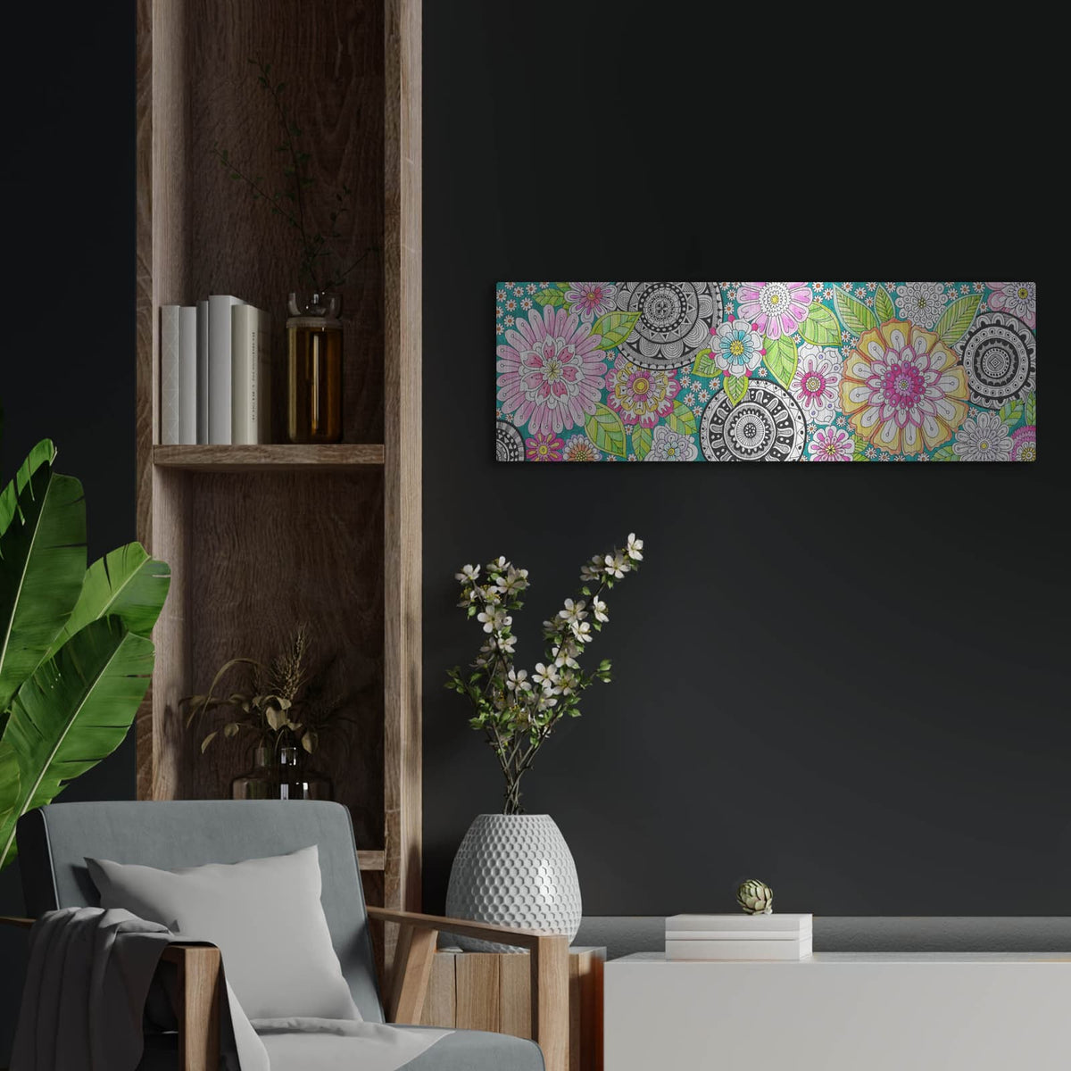 'Mandalas And Pastel Florals' by Hello Angel – Metal Wall Art, 36x12 room view