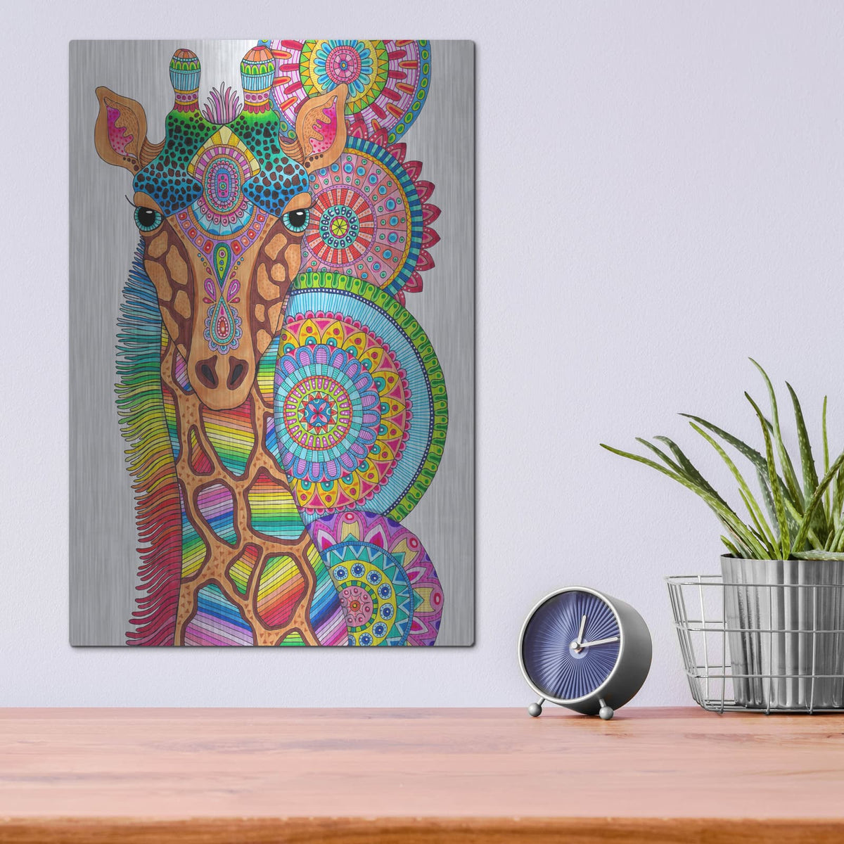 'Rainbow Giraffe' by Hello Angel – Metal Wall Art, 12x16 room view