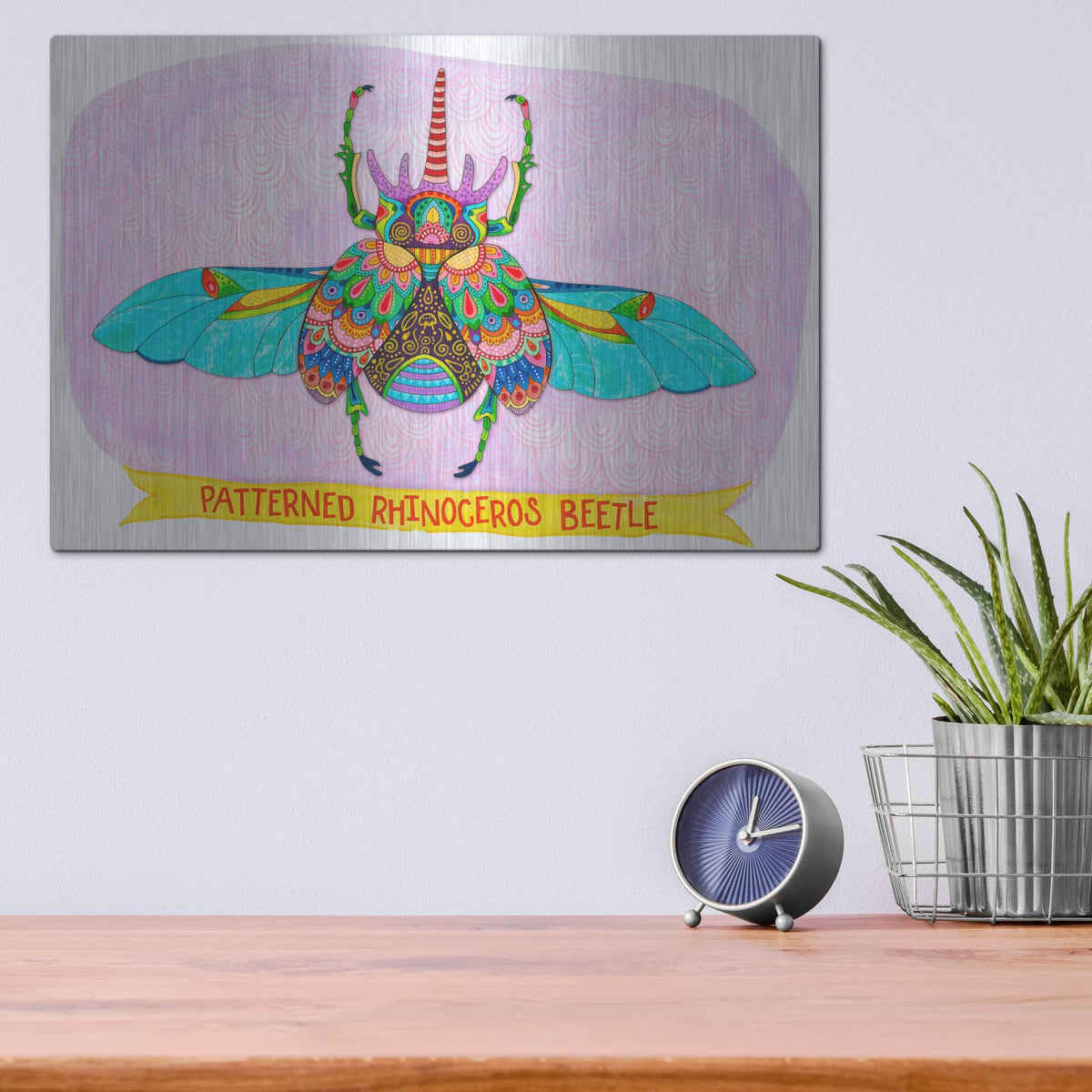 'Patterned Rhino Beetle Mounted' by Hello Angel – Metal Wall Art, 16x12 room view