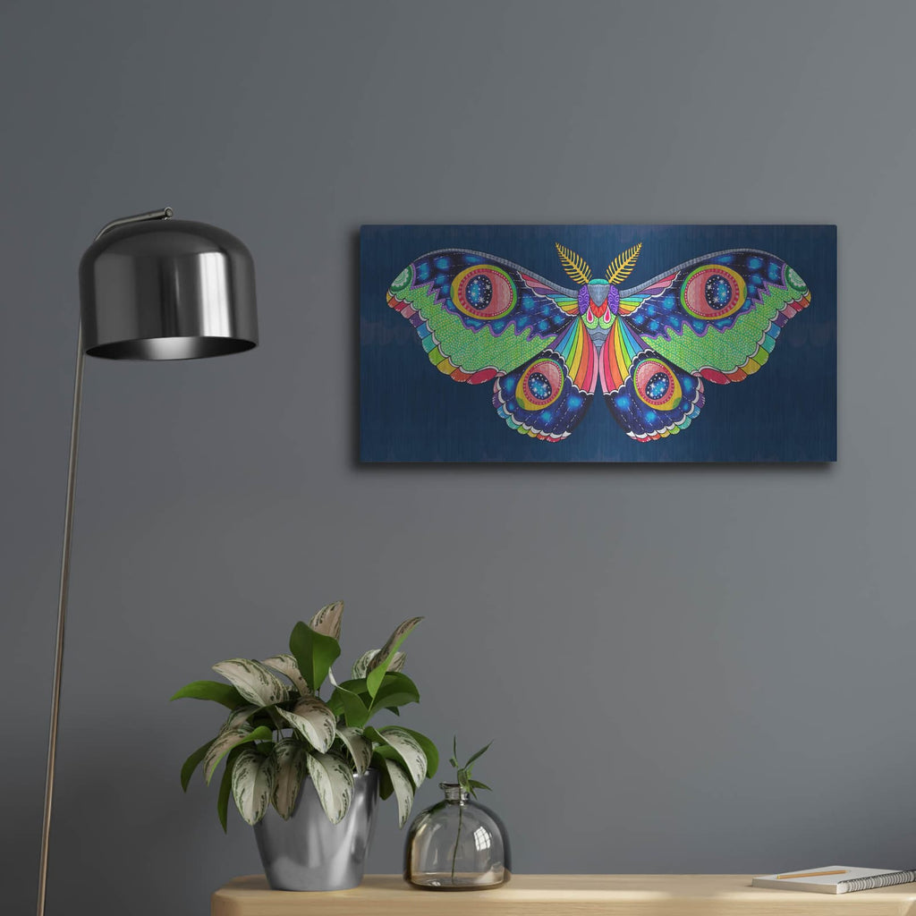 'Midnight Rainbow Moth' by Hello Angel – Metal Wall Art, 24x12 room view