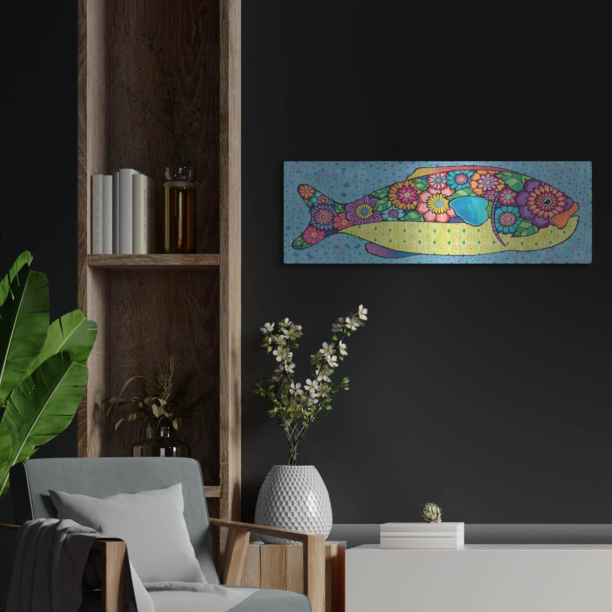 'Flower Fish' by Hello Angel – Metal Wall Art, 36x12 room view