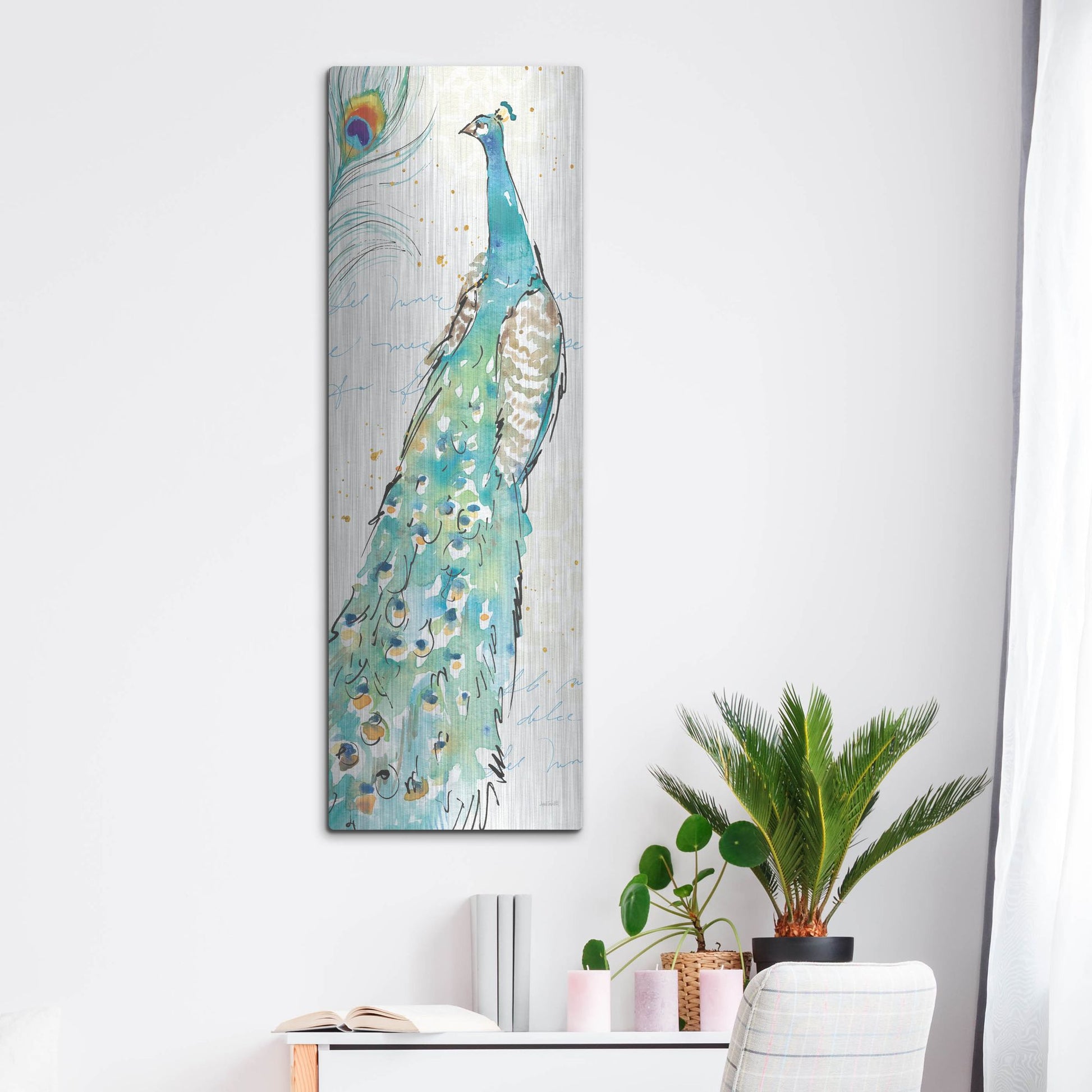 Luxe Metal Art 'Peacock Garden III' by Anne Tavoletti, Metal Wall Art,16x48