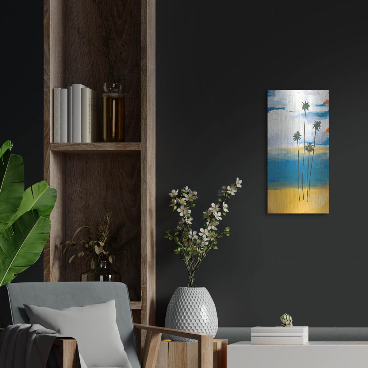 'Four Palms' by Jan Weiss – Metal Wall Art, 12x24 room view