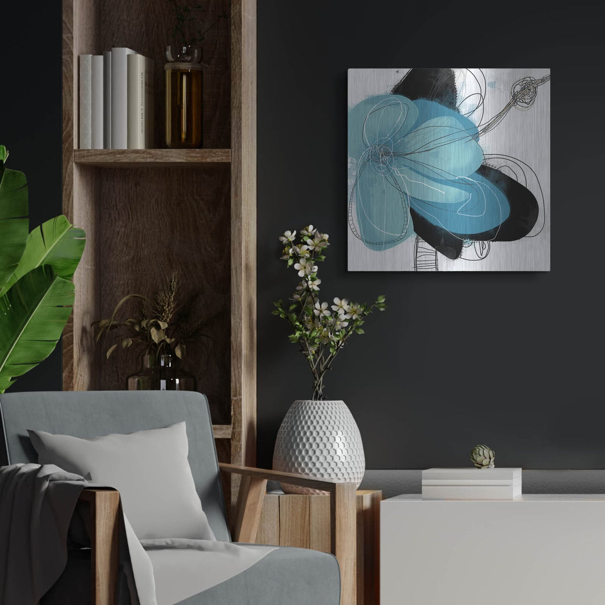 'Azul Poetry 1' by Jan Weiss – Metal Wall Art, 24x24 room view