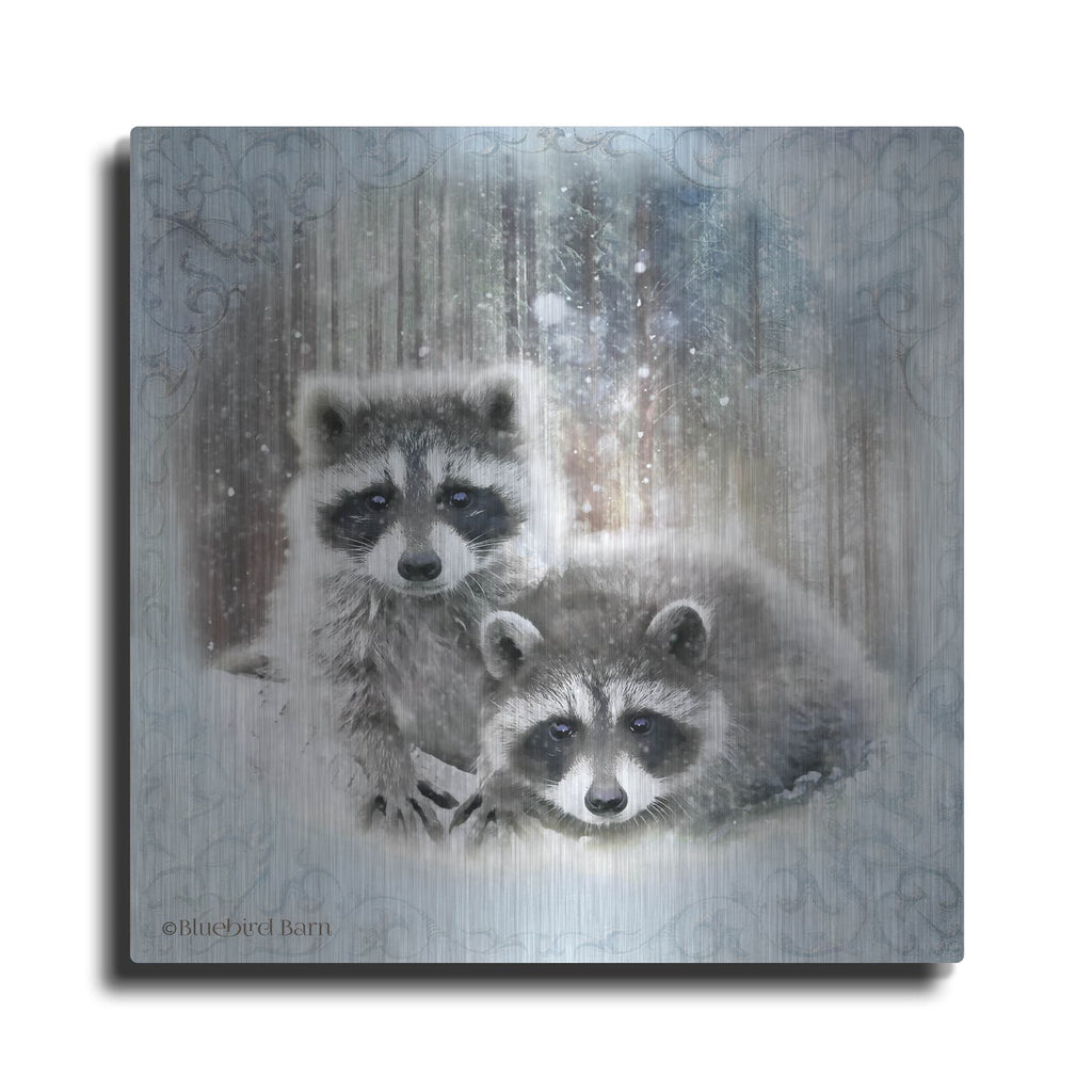 'Enchanted Winter Raccoons' by Bluebird Barn – Metal Wall Art