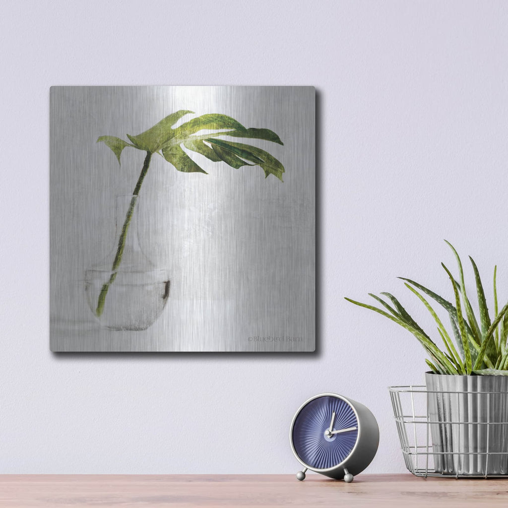 'Single Green Stem in Glass' by Bluebird Barn – Metal Wall Art, 12x12 room view