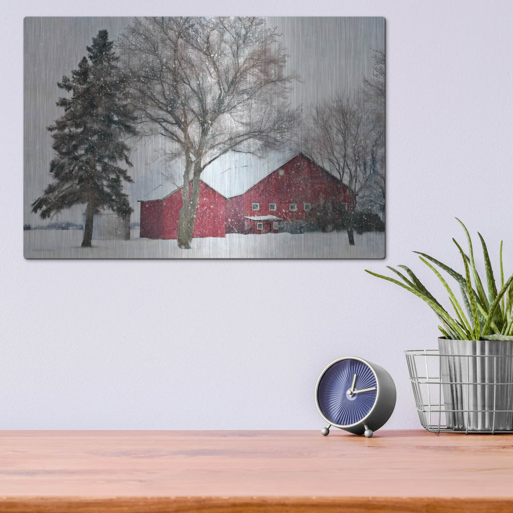 'Snowy Barn' by Bluebird Barn – Metal Wall Art, 16x12 room view