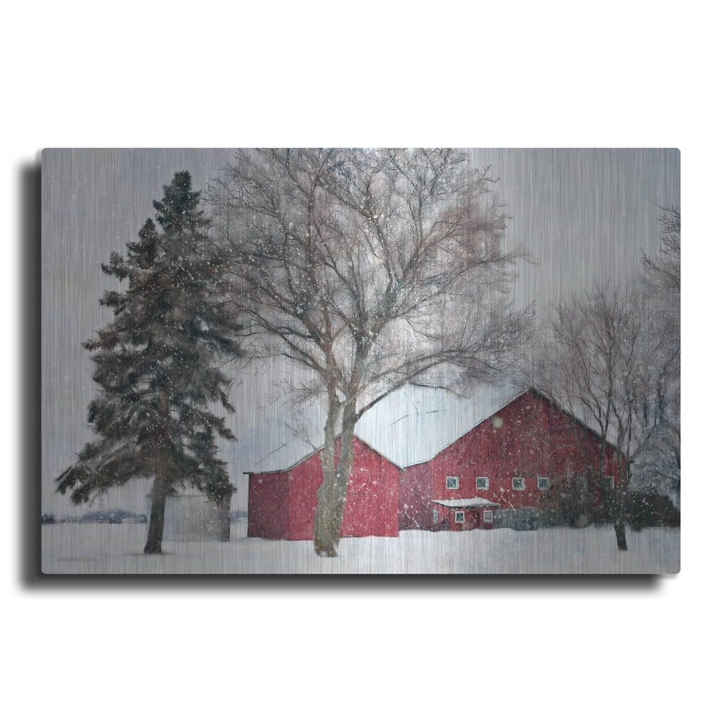 'Snowy Barn' by Bluebird Barn – Metal Wall Art