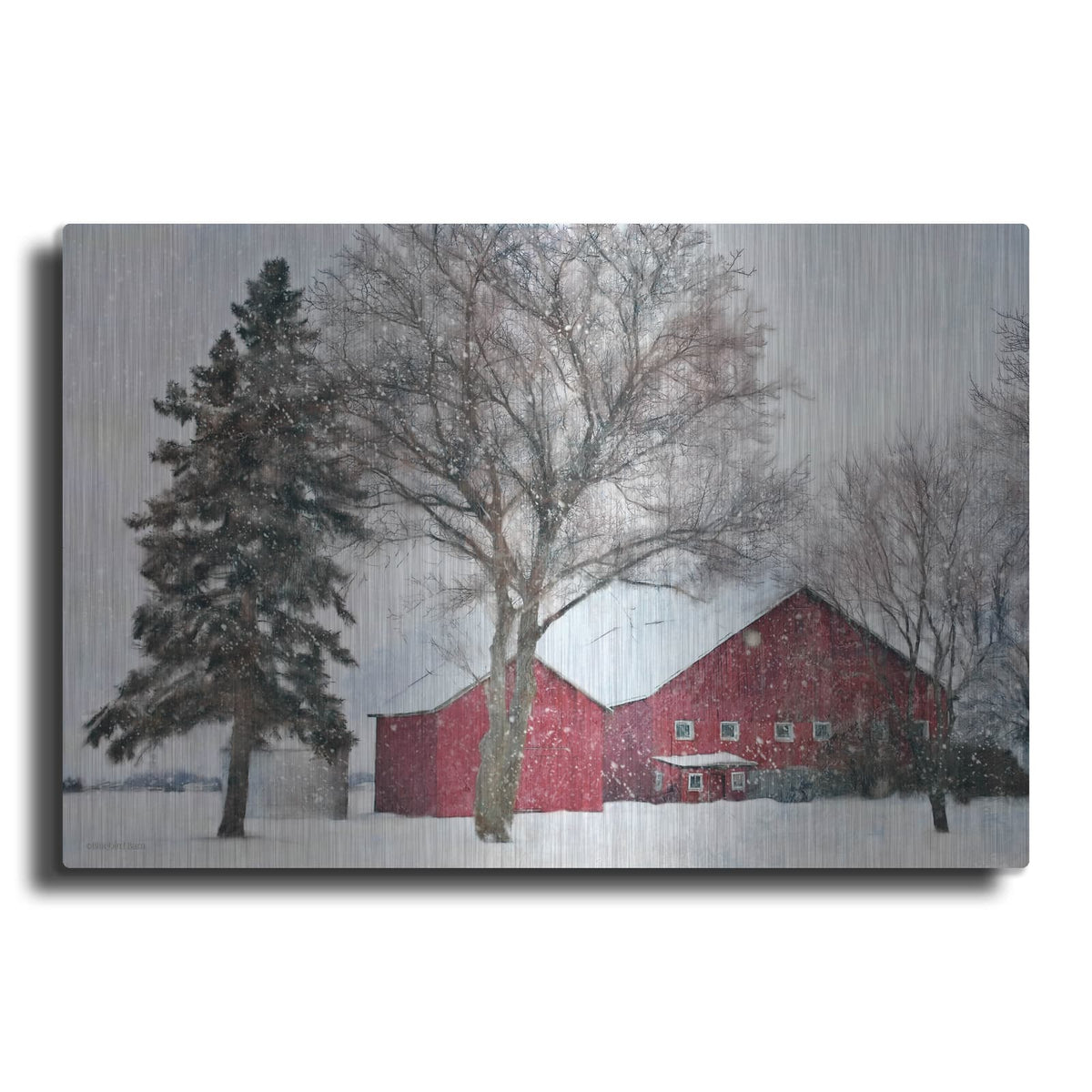 'Snowy Barn' by Bluebird Barn – Metal Wall Art