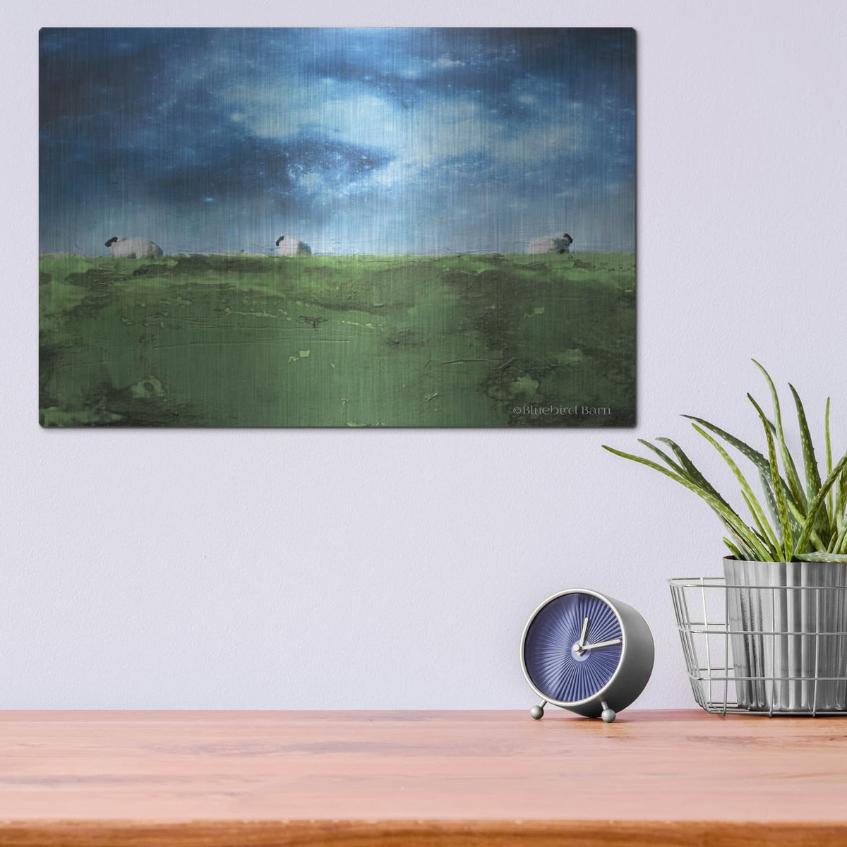 'Distant Hillside Sheep' by Bluebird Barn – Metal Wall Art, 16x12 room view