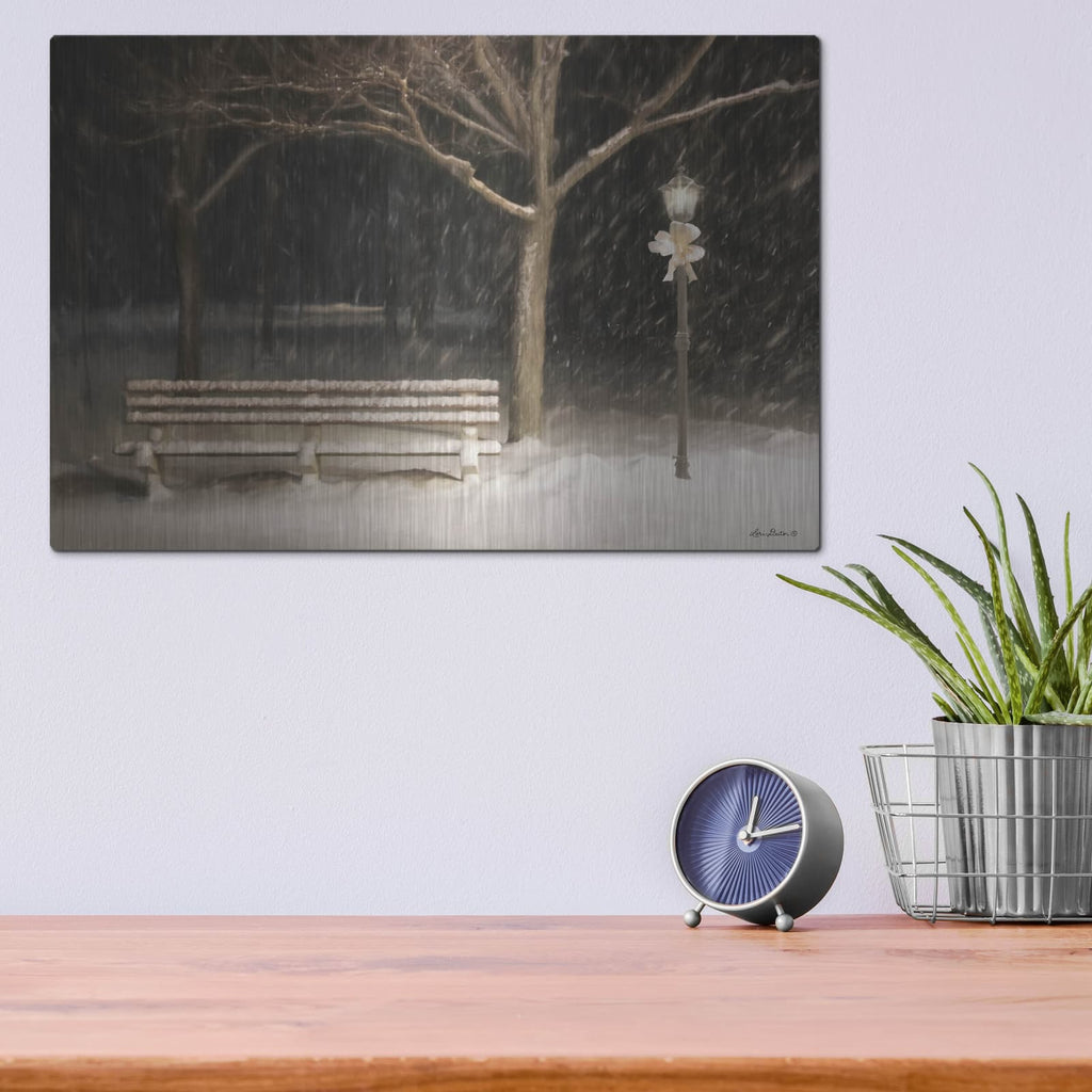 'Snowy Bench' by Lori Deiter – Metal Wall Art, 16x12 room view