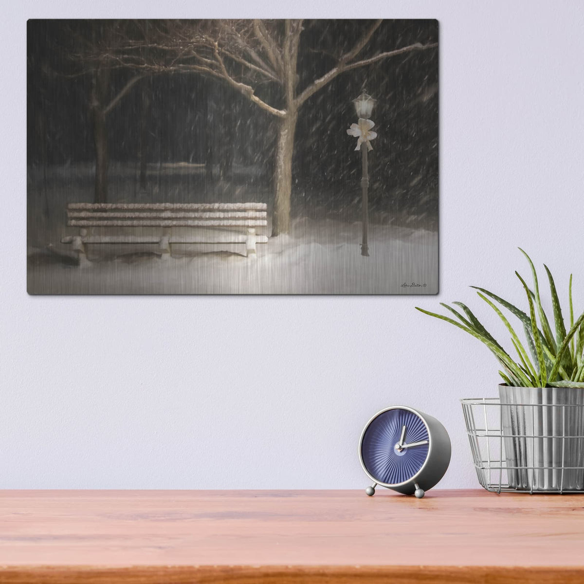 'Snowy Bench' by Lori Deiter – Metal Wall Art, 16x12 room view