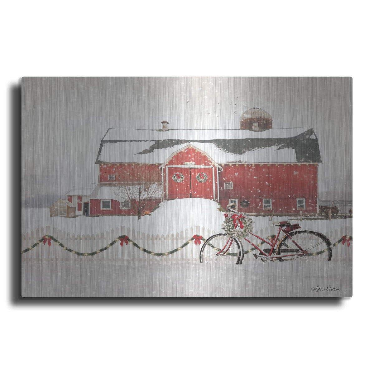 'Christmas Barn and Bike' by Lori Deiter – Metal Wall Art