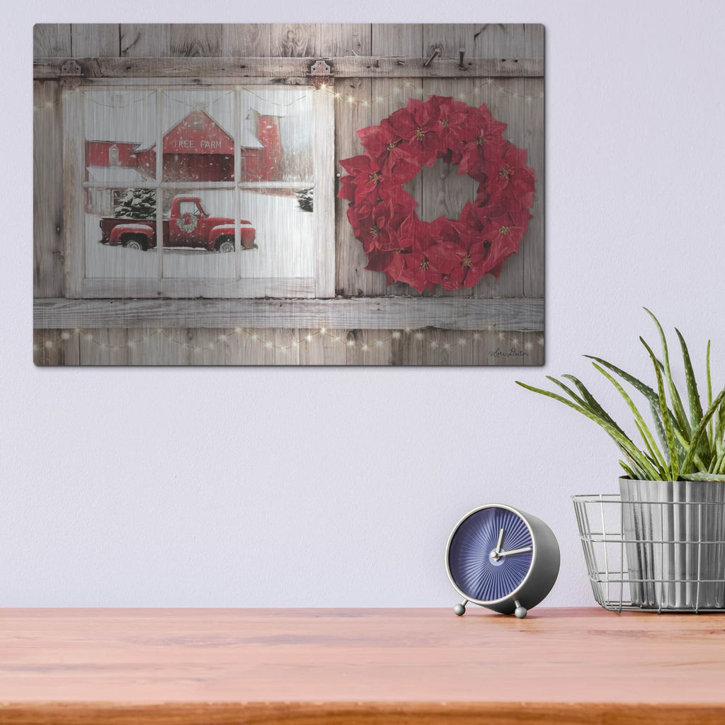 'Poinsettia Wreath Window View' by Lori Deiter – Metal Wall Art, 16x12 room view