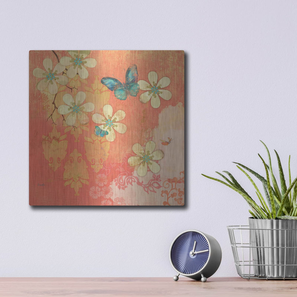 'Coral Large Cream Multi Blossoms Butterfly' by Evelia Designs – Metal Wall Art, 12x12 room view