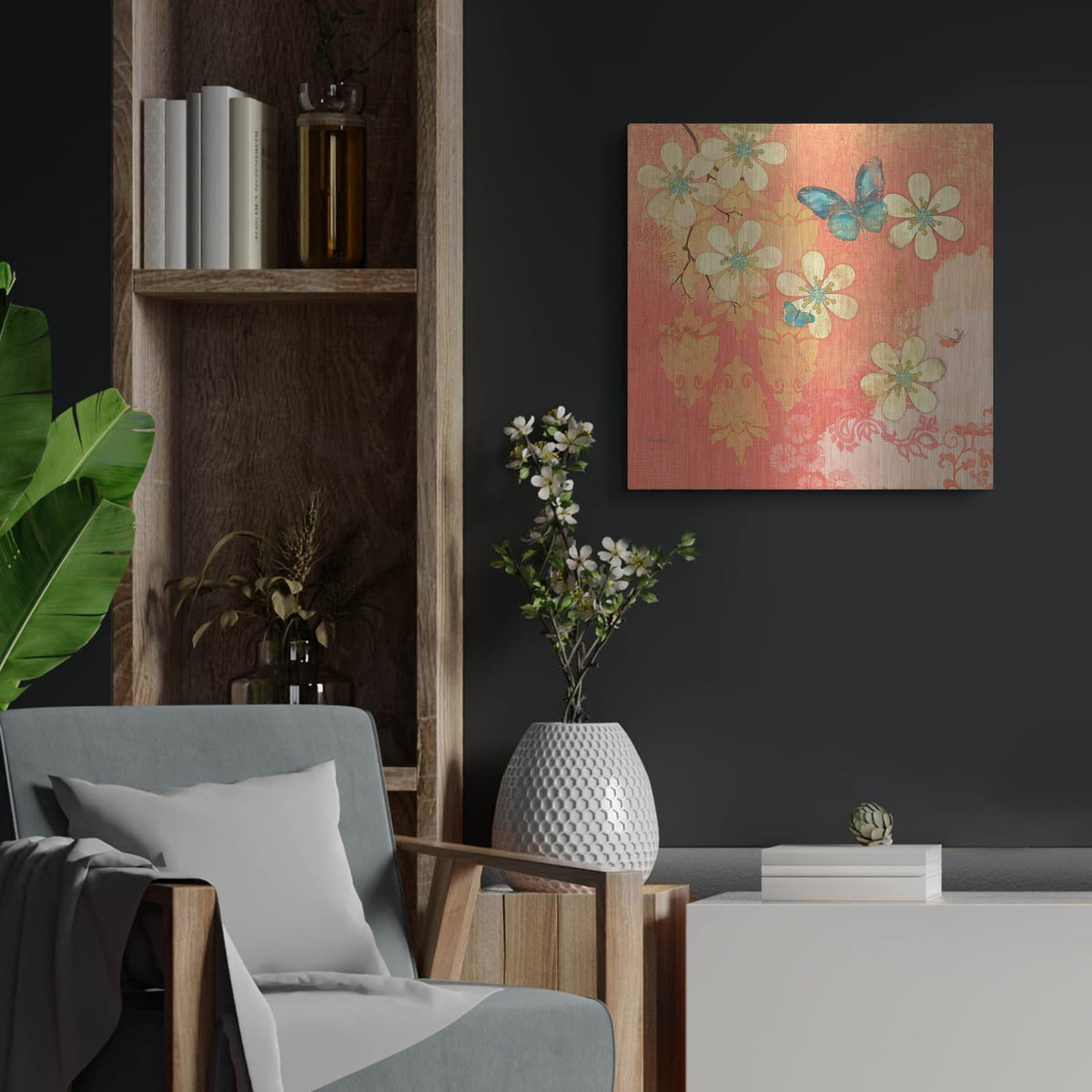 'Coral Large Cream Multi Blossoms Butterfly' by Evelia Designs – Metal Wall Art, 24x24 room view