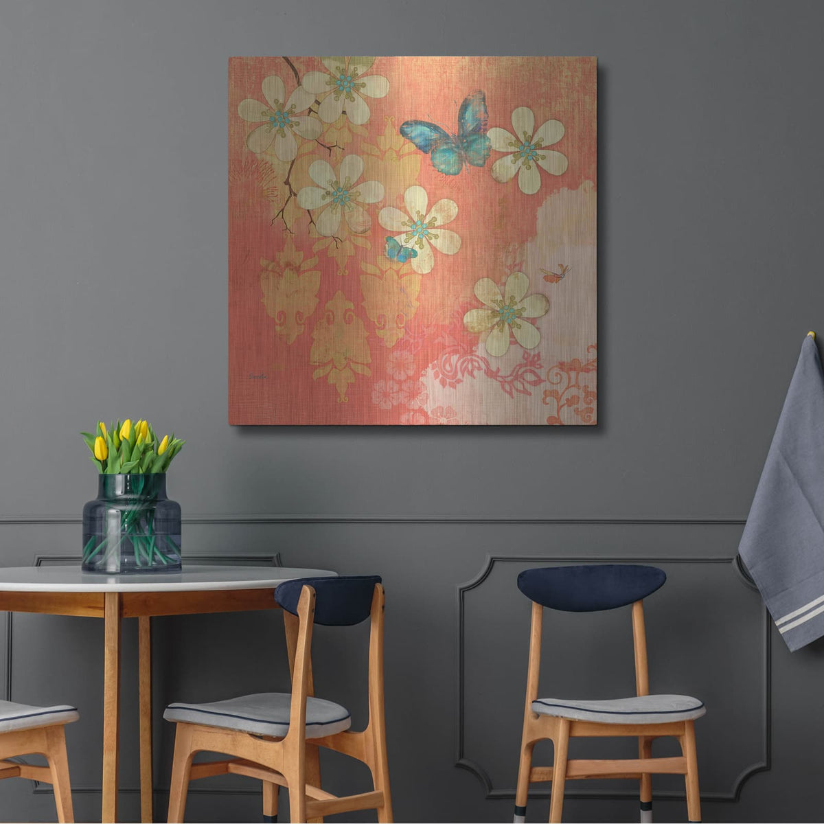 'Coral Large Cream Multi Blossoms Butterfly' by Evelia Designs – Metal Wall Art, 36x36 room view