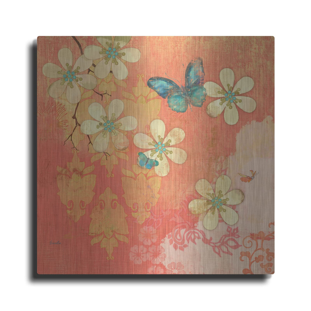 'Coral Large Cream Multi Blossoms Butterfly' by Evelia Designs – Metal Wall Art