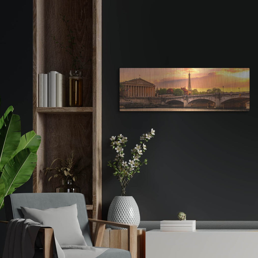 'Paris - Golden Sunset Concorde Bridge Panorama' by Luxe Portfolio – Metal Wall Art, 36x12 room view