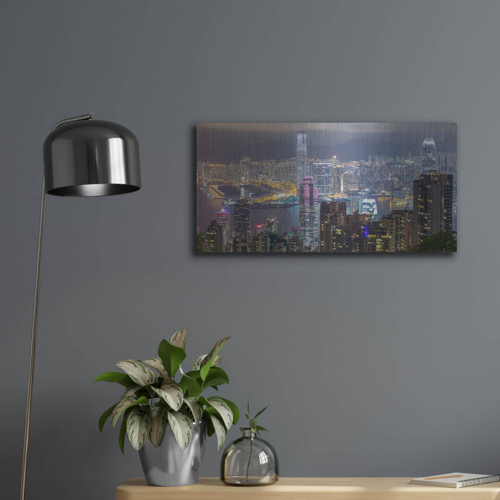 'Hong Kong Nightime Panorama' by Luxe Portfolio – Metal Wall Art, 24x12 room view