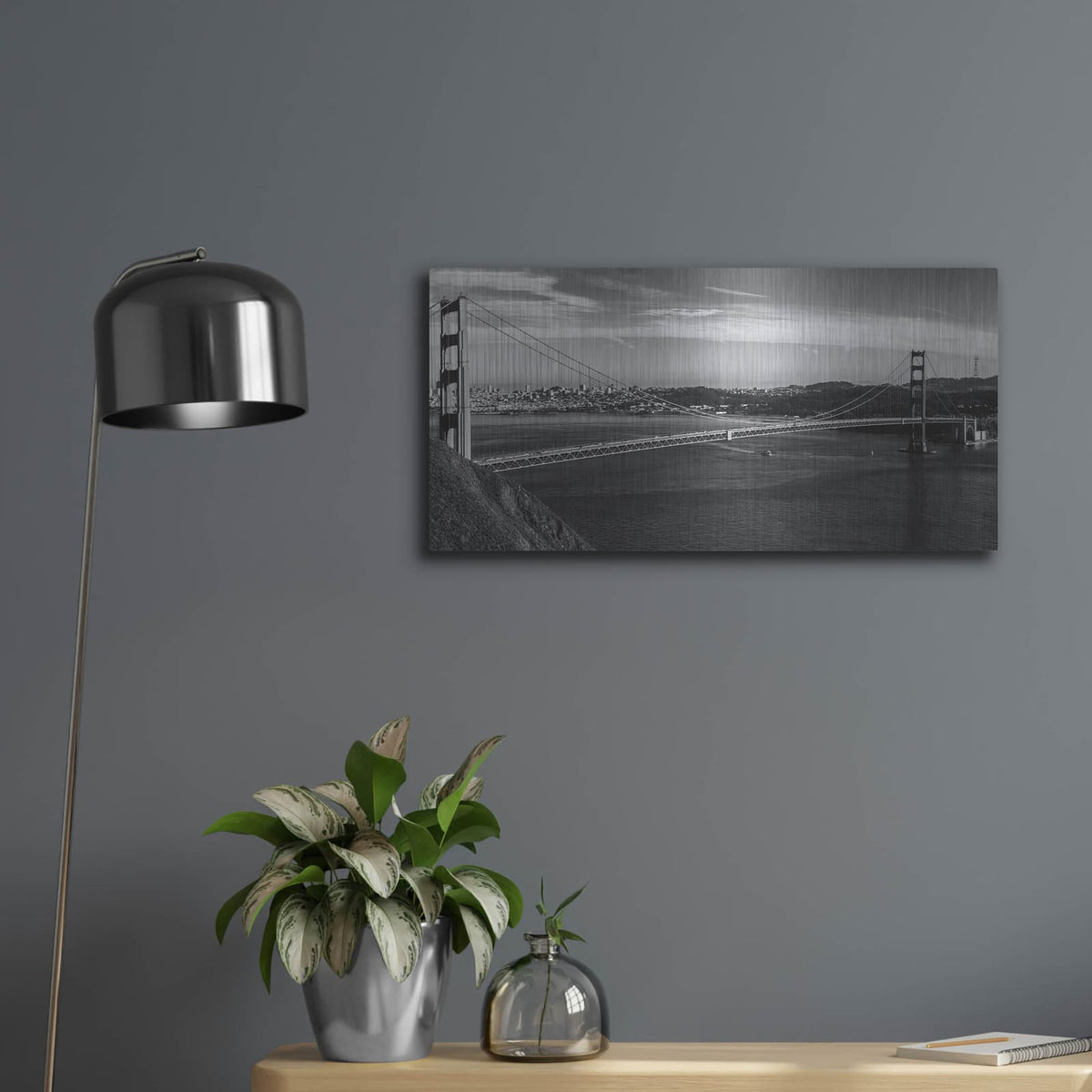 'Golden Gate Bridge B&w' by Luxe Portfolio – Metal Wall Art, 24x12 room view